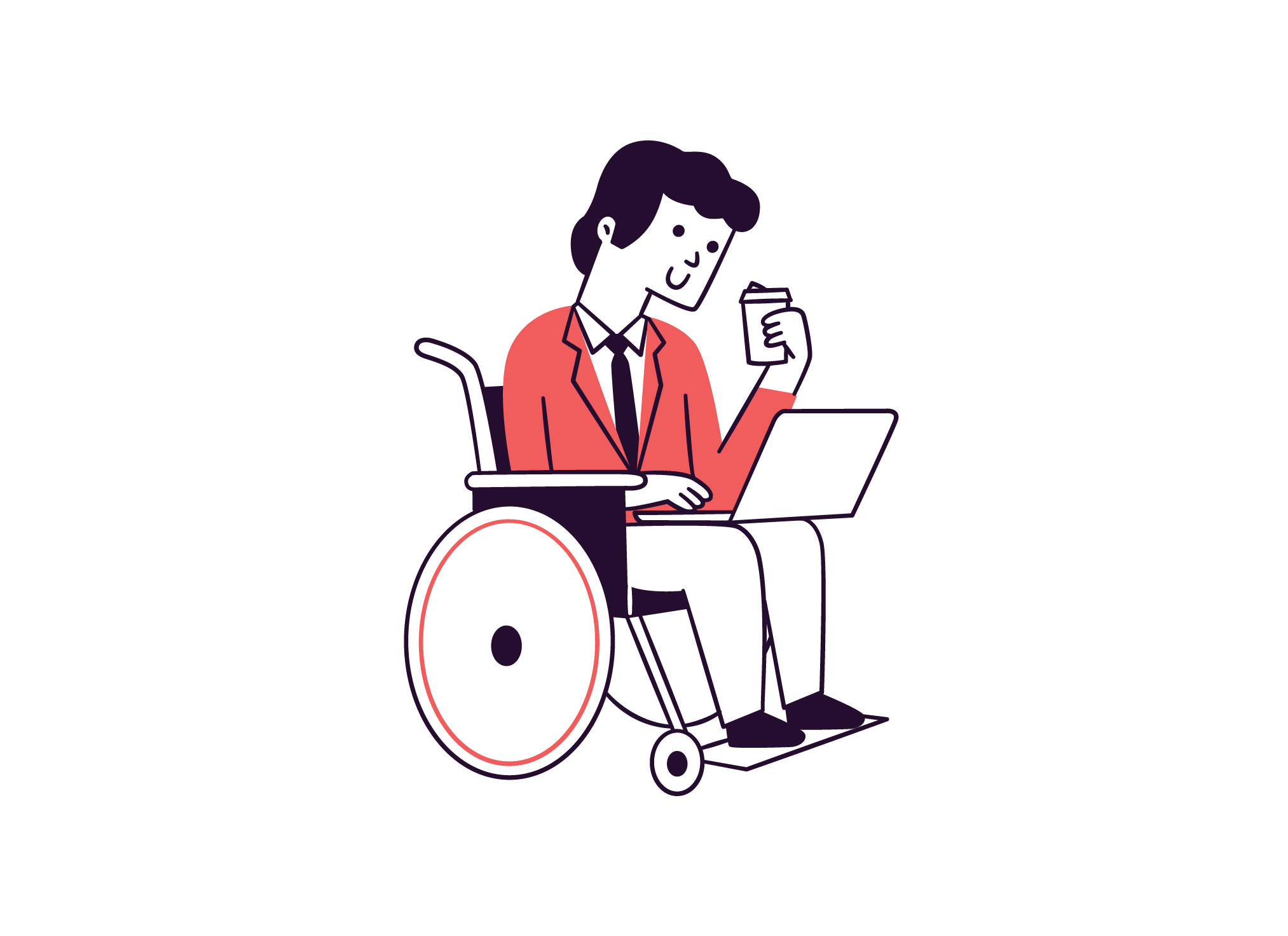 Illustrasjon av person i rullestol sitter med laptop og kaffekopp.