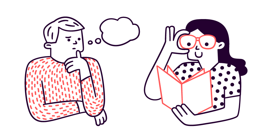 Illustrasjon av to personer, en tenker og den andre leser i en bok